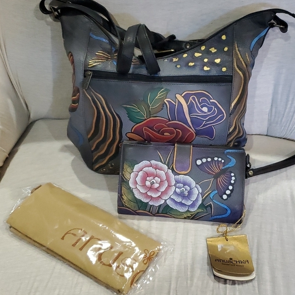 Anuschka Grey handpainted rose animal print safari hobo shoulder bag nwot